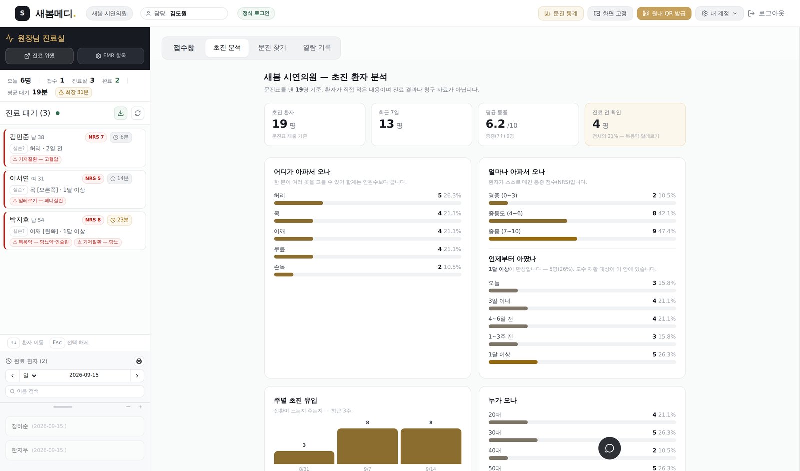 초진 환자 분석 화면. 부위별, 통증 강도별, 발병 시기별 집계.
