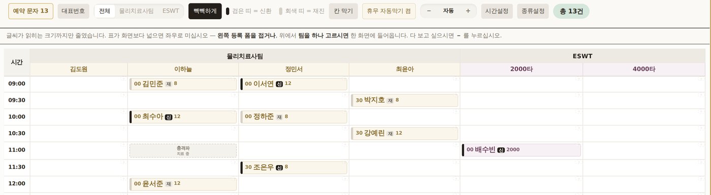 같은 치료사가 같은 시각에 충격파 치료 중이라 도수치료 칸이 회색으로 막힌 예약판 화면.